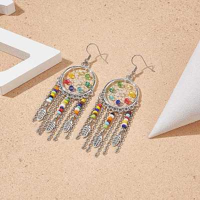Alloy Woven Net/Web with Feather Chandelier Earrings with Glass Beaded EJEW-TA00159-1