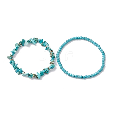 Chip & Round Synthetic Turquoise Beaded Stretch Bracelets for Women BJEW-JB10189-06-1