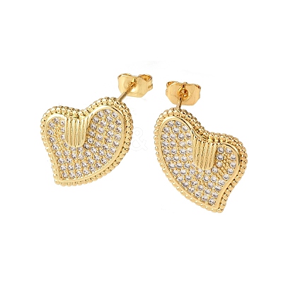 Heart Brass Micro Pave Cubic Zirconia Stud Earrings EJEW-B153-19G-01-1