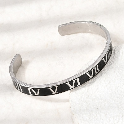304 Stainless Steel Black Enamel Roman Numerals Open Cuff Bangles for Women SA-CBAC920-14P-1