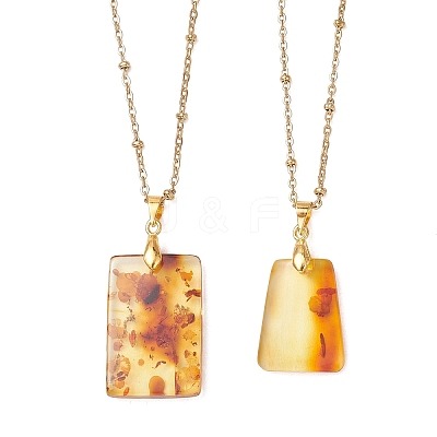 Natural Amber Rectangle Pendant 304 Stainless Steel Cable Chain Necklaces NJEW-JN05981-02-1