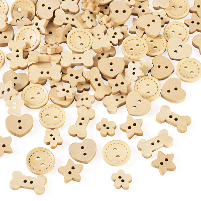 100Pcs 5 Styles Wooden Buttons BUTT-TA0001-46-1