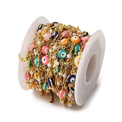 Brass Evil Eye Link Chains KK-D422-02G-1