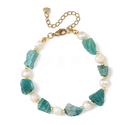 Raw Natural Amazonite Nuggets and Natural Cultured Freshwater Pearl Bead Beaded Bracelets BJEW-JB14387-02-1