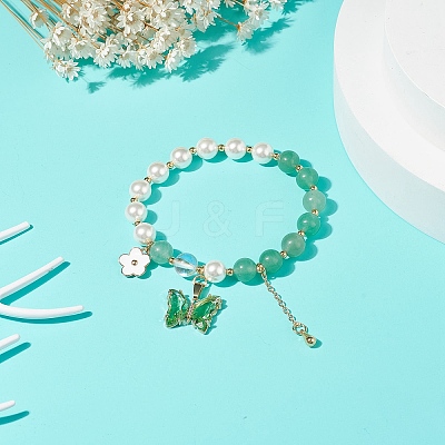 4Pcs 4 Style Round Natural Mixed Gemstone & Shell Pearl Beaded Stretch Bracelets Set BJEW-TA00191-1