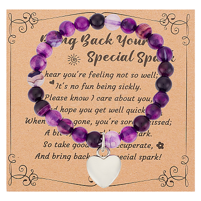 Natural Striped Agate Round Beaded Stretch Bracelet with Alloy Heart Charm BJEW-OC0001-09C-1