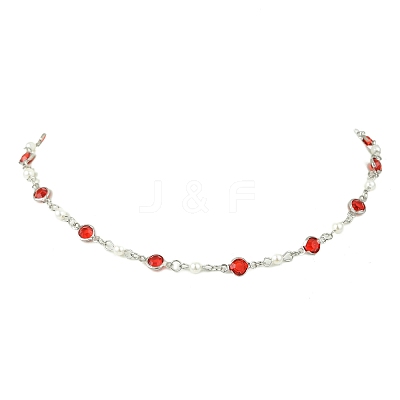 304 Stainless Steel Glass Flat Round Link Chain Necklaces with Shell Pearl for Women NJEW-JN06160-1