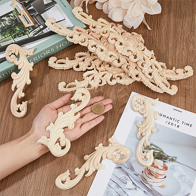 8Pcs 2 Styles Natural Solid Wood Carved Onlay Applique Craft AJEW-DC0001-61-1