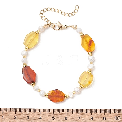 Gradient Color Natural Amber & Freshwater Pearl Beaded Bracelets for Women BJEW-JB13551-1