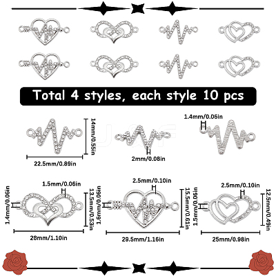 40Pcs 4 Styles Heart Theme Alloy Rhinestone & Cubic Zirconia Connector Charms RB-SC0001-11-1