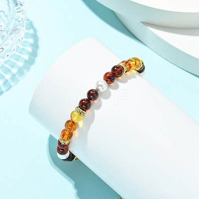 Round Natural Amber & Shell Pearl Beads Braided Bead Bracelets BJEW-JB13904-1