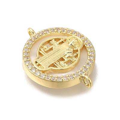 Brass Micro Pave Clear Cubic Zirconia Flat Round Saint Benedict Connector Charms KK-R002-29G-1