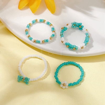 4Pcs 4 Style Glass Seed Beaded Stretch Finger Rings RJEW-JR00661-01-1