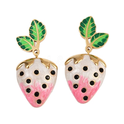 304 Stainless Steel Enamel Strawberry Dangle Stud Earrings EJEW-A138-10G-02-1