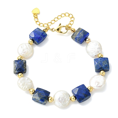 Natural Lapis Lazuli & Keshi Pearl Beaded Bracelets for Women BJEW-JB14007-02-1