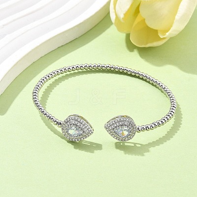 Teardrop Brass Micro Pave Cubic Zirconia Cuff Bangles & Rings Sets for Women SJEW-R002-04P-01-1
