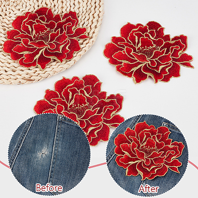 4Pcs Peony Polyester Embroidery Sew On Patches PATC-CY0001-72B-1