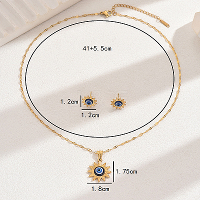 Vintage 201 Stainless Steel & Plastic Sun with Evil Eye Stud Earrings & Pendant Necklaces Set for Women EW9229-1
