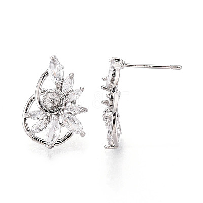 Flower Brass Micro Pave Clear Cubic Zirconia Stud Earrings Findings for Half Drilled Beads KK-T071-07P-1
