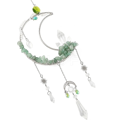 Moon Natural Green Aventurine & 304 Stainless Steel & Brass Suncatchers HJEW-TA00488-02-1