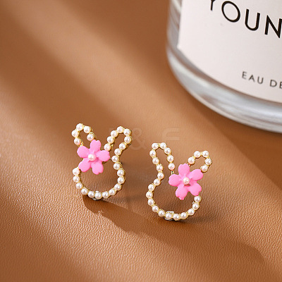 Alloy Imitation Pearl Plastic Rabbit & Flower Stud Earrings for Women WGC2AFB-02-1