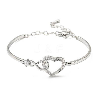 Infinity Heart Brass with Clear Cubic Zirconia Cuff Bangle with Safety Chains LS-BJEW-L683-02P-1