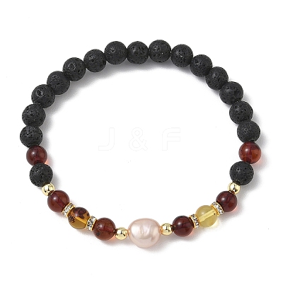 Natural Lava Rock & Amber & Cultured Freshwater Pearl Beaded Stretch Bracelets for Women BJEW-JB13722-1
