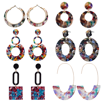 6 Pairs 6 Style Oval & Square & Donut Acrylic Dangle Stud Earrings EJEW-AN0003-36-1
