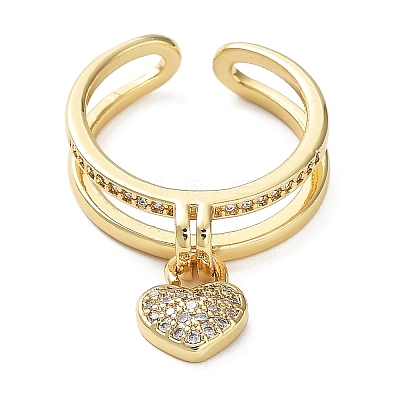 Cubic Zirconia Heart Charms Open Cuff Rings RJEW-M154-02G-1