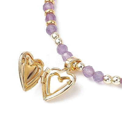 3Pcs 3 Styles Brass Heart Locket Pendant Faceted Round Natural Amethyst & Rose Quartz & Dyed Agate Beaded Necklaces NJEW-JN05737-1