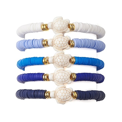 5Pcs 5 Colors Handmade Polymer Clay Disc Beaded Stretch Bracelets BJEW-JB10259-01-1