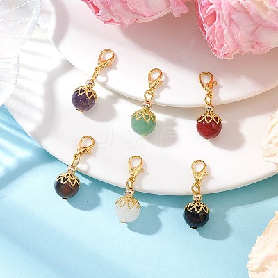 6Pcs Round Natural Black Onyx & Carnelian & Amethyst & Tiger Eye & Green Aventurine & White Jade Pendant Decorations HJEW-JM03831-01-1