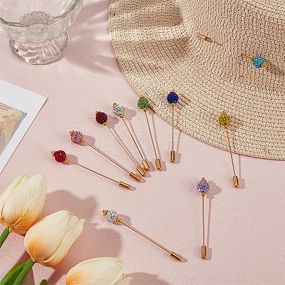 10Pcs 10 Colors Polymer Clay Rhinestone Round Ball Brass Lapel Pins JEWB-BC00011-1
