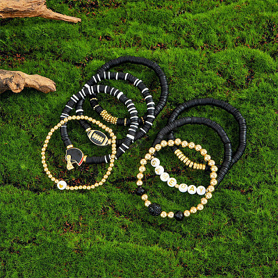 8Pcs 1Bag Rugby Polymer Clay Heishi & CCB Plastic Beaded Stretch Bracelets Set BJEW-PA0001-12E-1
