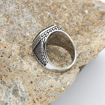 304 Stainless Steel with Natural Black Agate Finger Rings FS-WG67565-03-1