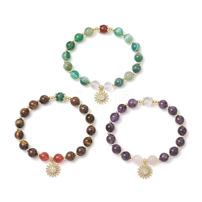 3Pcs Natural Striped Agate & Amethyst & Tiger Eye & Rose Quartz & Quartz Crystal Round Beaded Bracelets for Women BJEW-JB11934-1