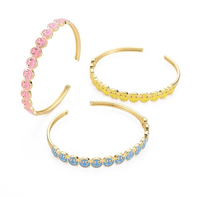 Smiling Face Enamel Cuff Bangle BJEW-S141-09-1