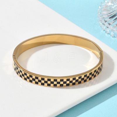 8MM 304 Stainless Steel Black Enamel Checkered Hinged Bangles for Women BJEW-C151-01G-1