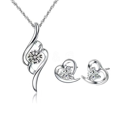 Heart Alloy Rhinestone Stud Earrings & Pendant Necklace Sets for Women FS-WG883D5-01-1