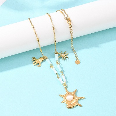 304 Stainless Steel Crystal Rhinestone and Cat Eye Conch Shape Octopus Pendant Dyed Natural Shell Bamboo Stick Link Chain Necklaces NJEW-K252-11G-1