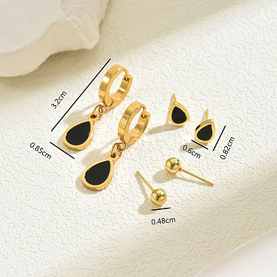 3Pairs 201 Stainless Steel Teardrop & Round Earring Sets NV3821-1