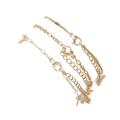 Round ABS Imitation Pearl Beaded Chains & 304 Stainless Steel Cable Chains Stackable Bracelets for Women BJEW-JB12452-01-1