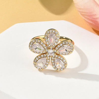 Flower Brass Micro Pave Cubic Zirconia Cuff Rings for Women RJEW-A069-14G-03-1