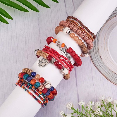5Pcs 5 Style Wood & Glass Seed & Acrylic Beaded Stretch Bracelets Set with Baseball JB709C-1