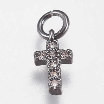 Brass Micro Pave Cubic Zirconia Tiny Cross Charms ZIRC-E147-62B-1