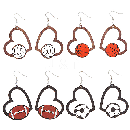 FIBLOOM 4 Pairs 4 Styles Sport Theme Wood Heart Dangle Earrings for Women EJEW-FI0001-55-1