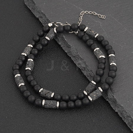 Natural Black Onyx(Dyed & Heated) Round and Lava Rock Column Beaded Necklaces for Men AD4538-1-1