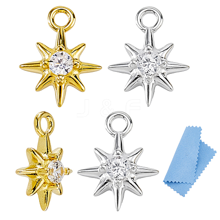 4Pcs 2 Colors 925 Sterling Silver Clear Cubic Zirconia 8-Pointed Star Charms STER-DC0001-98-1