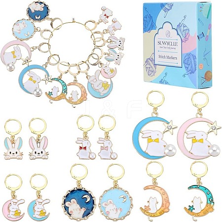 Rabbit with Moon Alloy Enamel Pendant Stitch Markers HJEW-SC00011-1