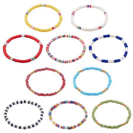 10Pcs 10 Style Handmade Polymer Clay Heishi Surfer Stretch Bracelets Set BJEW-SW00048-1